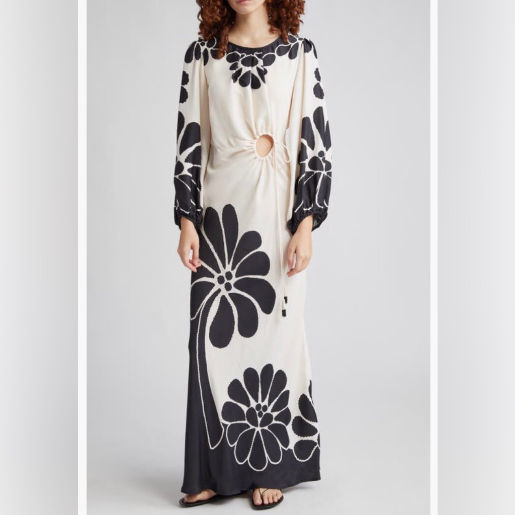 Nwt $285 Farm Rio Palermo Cutout Long Sleeve Maxi Dress In Black/Off-White!